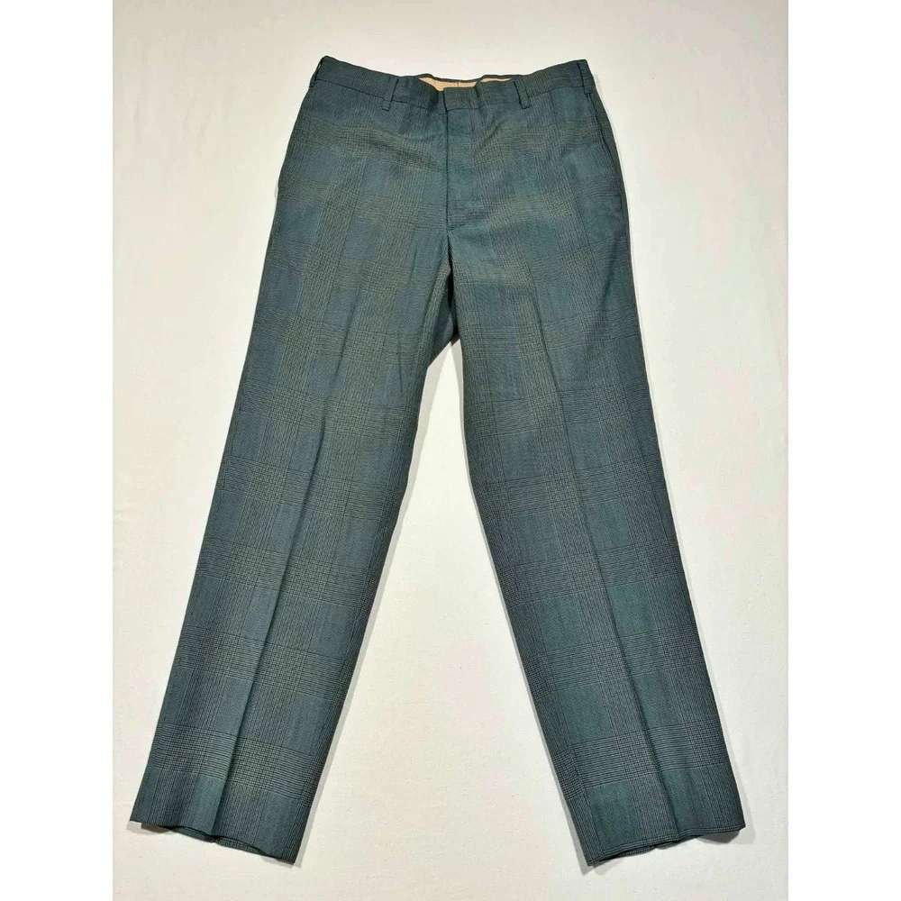 Farah Vintage Blue Glen Plaid Dress Pants Straight Leg Mens 32x28‎ USA Made